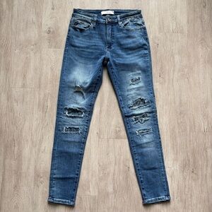 KanCan Mid Rise Skinny Stretch Fit Jeans Distressed Patchwork Medium Wash Denim